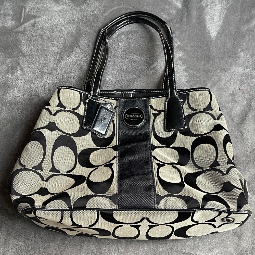 Coach Black and Beige Signature Canvas Tote with Leather Trim